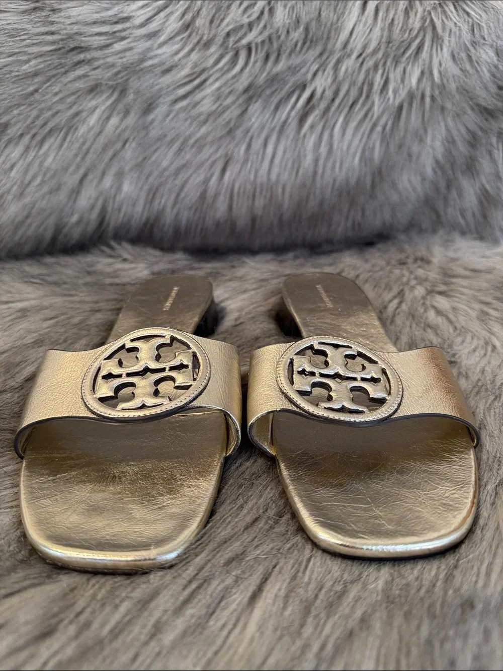 Tory Burch Metallic Gold Logo Slide Sandals Size 12